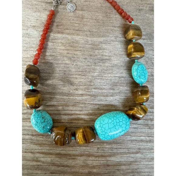 R.J. Graziano Tiger Eye Turquoise Gemstone Bead Necklace Statement Boho Western - Picture 2 of 7